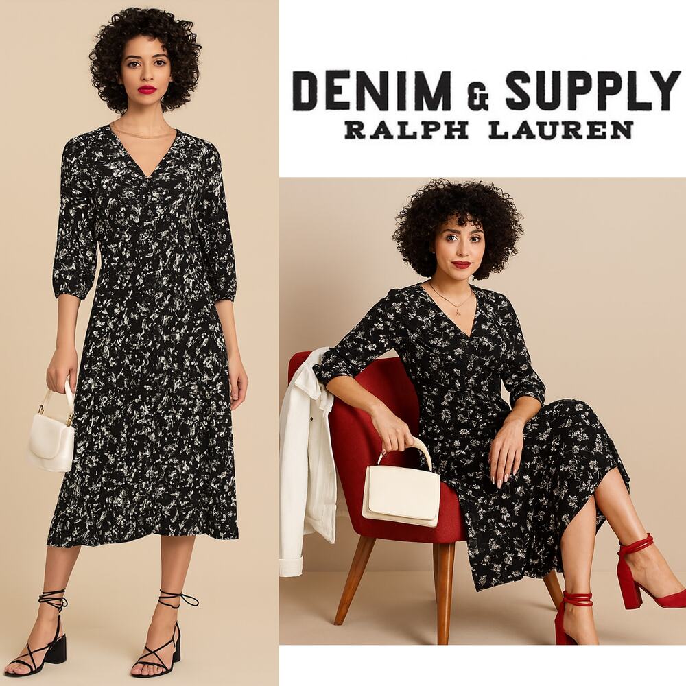 RALPH LAUREN DENIM & SUPPLY Tier Ruffled Black & White Floral Midi Dress – Large